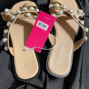Rampage Tan Pearl-Embellished Slide Sandals